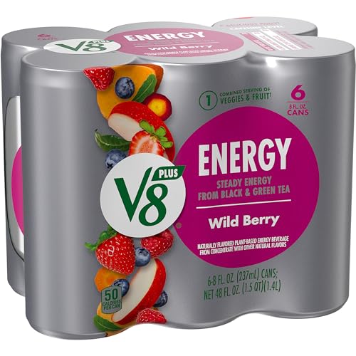 V8 +ENERGY Wild Berry Flavored Energy Drink, Made with Real Vegetable and Fruit Juices, 8 FL OZ Can (4 Packs of 6 Cans)