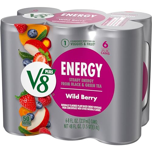 V8 +ENERGY Wild Berry Flavored Energy Drink, Made with Real Vegetable and Fruit Juices, 8 FL OZ Can (4 Packs of 6 Cans)