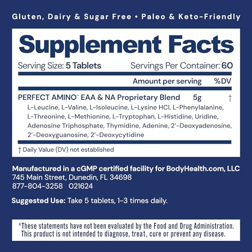 BodyHealth PerfectAmino (300 Tablets) 8 Essential Amino Acids Supplements with BCAA, Increase Muscle Recovery, Boost Energy & Stamina, 99% Utilization, Vegan Branched Chain Protein Pre/Post Workout