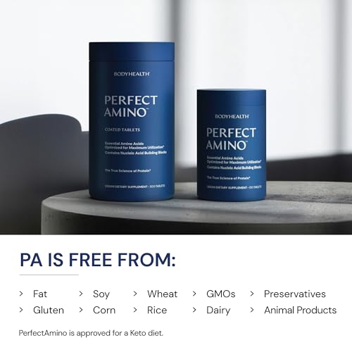 BodyHealth PerfectAmino (300 Tablets) 8 Essential Amino Acids Supplements with BCAA, Increase Muscle Recovery, Boost Energy & Stamina, 99% Utilization, Vegan Branched Chain Protein Pre/Post Workout