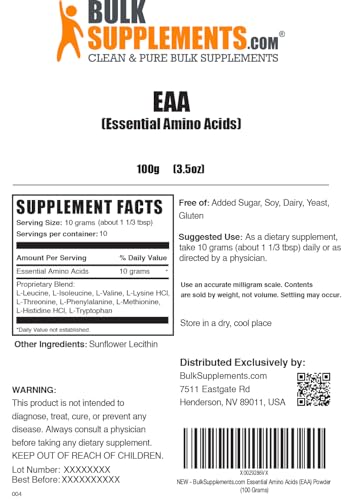 BULKSUPPLEMENTS.COM Essential Amino Acids Powder - EAA Powder - Essential Amino Acids Supplement - EAAs Amino Acids Powder - 10g per Serving, 10 Servings (100 Grams - 3.5 oz)