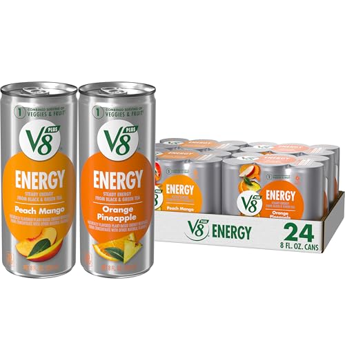 V8 +ENERGY Orange Pineapple and Peach Mango Energy Drink Variety Pack, 8 FL OZ Can (4 Packs of 6 Cans))