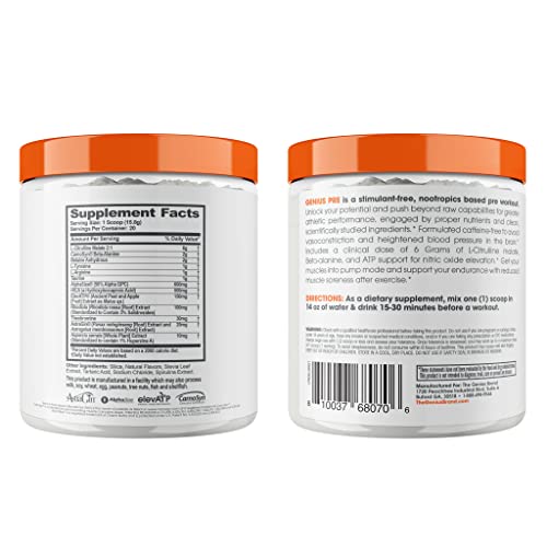 Genius Pre Workout Powder, Blue Raspberry - All-Natural Nootropic Pre-workout & Caffeine-Free Nitric Oxide Booster Supplement with Beta Alanine & Alpha GPC - No Artificial Flavors, Sweeteners, or Dyes