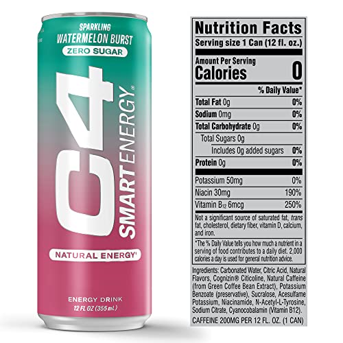 C4 Smart Energy Drink - Sugar Free Performance Fuel & Nootropic Brain Booster, Coffee Substitute or Alternative | Watermelon Burst 12 Oz - 12 Pack