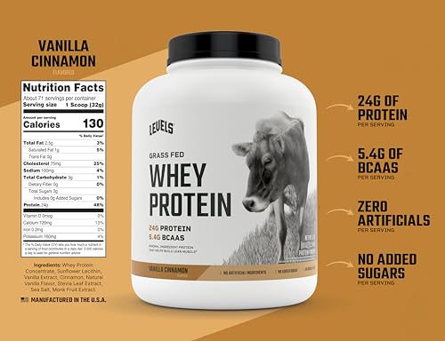 Levels Grass Fed 100% Whey Protein, No Hormones, Vanilla Cinnamon, 5LB