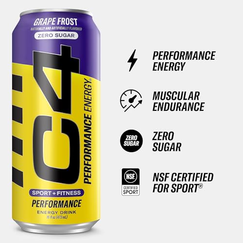 C4 Energy Carbonated Zero Sugar Energy Drink, Pre Workout Drink + Beta Alanine, Purple Frost, 16 Fl Oz (Pack of 12)