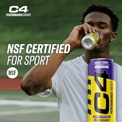 C4 Energy Carbonated Zero Sugar Energy Drink, Pre Workout Drink + Beta Alanine, Purple Frost, 16 Fl Oz (Pack of 12)