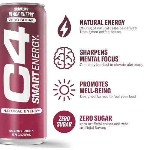 C4 Smart Energy Drink - Sugar Free Performance Fuel & Nootropic Brain Booster, Coffee Substitute or Alternative | Black Cherry 16 Oz - 12 Pack