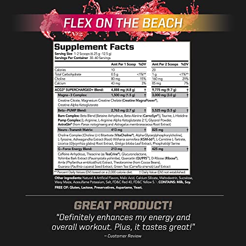 PMD Sports ACG3 Supercharged - Pre Workout - Powerful Strength, High Energy, Maximize Mental Focus, Endurance, Optimum Workout Performance for Men and Women - Flex On The Beach (60 Servings)