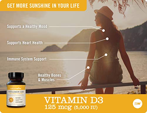 NatureWise Vitamin D3 5000iu (125 mcg) Healthy Muscle Function, and Immune Support, Non-GMO, Gluten Free in Cold-Pressed Olive Oil, Packaging Vary ( Mini Softgel), 90 Count