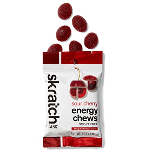 SKRATCH LABS Sport Energy Chews, Sour Cherry with Caffeine (10 Pack) - Developed for Athletes and Sports Performance, Gluten Free, Dairy Free, Vegan