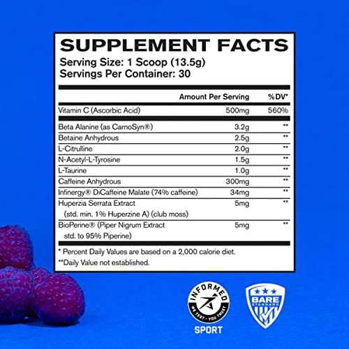 BARE PERFORMANCE NUTRITION, BPN Flight Pre Workout, Blue Raspberry, Energy, Focus & Endurance Without The Crash, Formulated with Caffeine Anhydrous, DiCaffeine Malate, N-Acetyl Tyrosine, 30 Servings