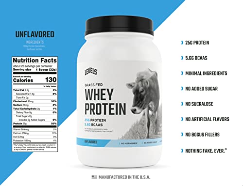 Levels Grass Fed 100% Whey Protein, No Hormones, Unflavored, 2LB