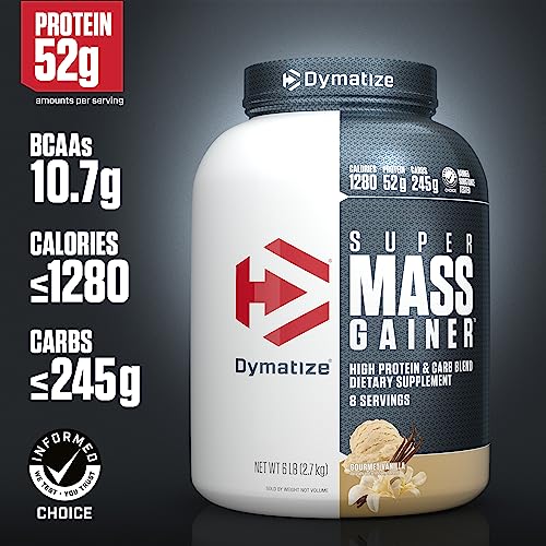Dymatize Super Mass Gainer Protein Powder, 1280 Calories & 52g Protein, Gain Strength & Size Quickly, 10.7g BCAAs, Mixes Easily, Tastes Delicious, Gourmet Vanilla, Gourmet Vanilla, 6 Pound (Pack of 1)