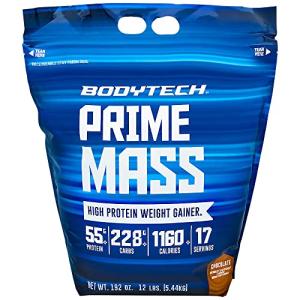 BodyTech Prime Mass High Protein Weight Gainer with 55 Grams of Protein per Serving to Support Muscle Growth Performance Blend of Creatine, Glutamine BCAA's Rich Chocolate (12 Pound)