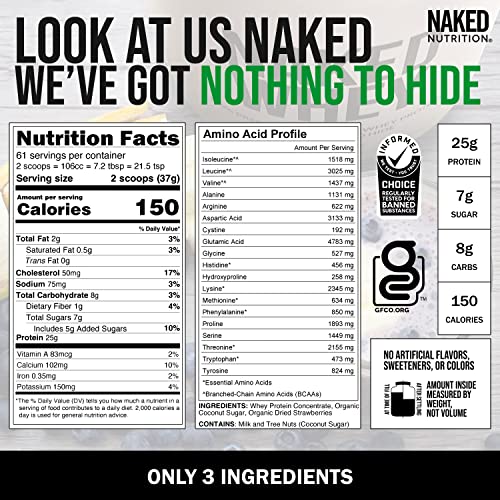 NAKED nutrition Whey Protein Supplement Powder, Strawberry, GMO-Free, Soy Free, Gluten Free, Aid Muscle Growth & Recovery - 61 Servings, 5 pounds