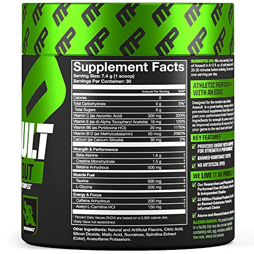 MusclePharm Assault Pre-Workout Powder, Pre-Workout Creatine for Energy, Focus, Strength, and Endurance with Creatine, Taurine, and Caffeine, Blue Raspberry, 30 Servings