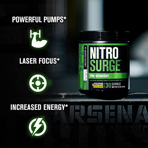 NITROSURGE Pre Workout Supplement - Energy Booster, Instant Strength Gains, Clear Focus, & Intense Pumps - Nitric Oxide Booster & Powerful Preworkout Energy Powder - 30 Servings, Blue Raspberry