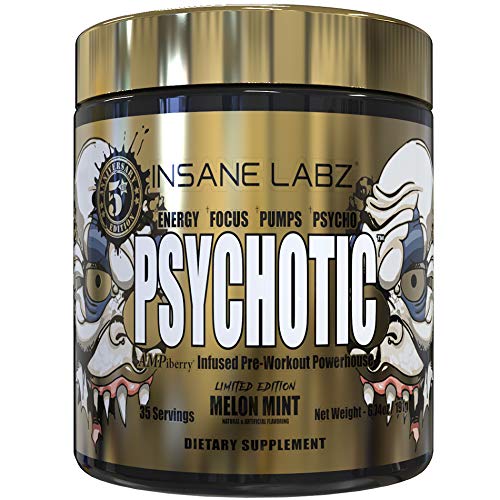 Insane Labz Psychotic Gold, High Stimulant Pre Workout Powder, Extreme Lasting Energy, Focus, Pumps and Endurance with Beta Alanine, DMAE Bitartrate, Citrulline, NO Booster, 35 Srvgs,Melon Mint
