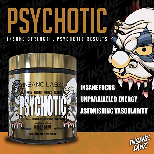 Insane Labz Psychotic Gold, High Stimulant Pre Workout Powder, Extreme Lasting Energy, Focus, Pumps and Endurance with Beta Alanine, DMAE Bitartrate, Citrulline, NO Booster, 35 Srvgs,Melon Mint