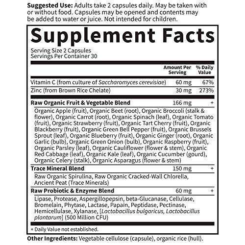 Garden of Life Vitamin Code Raw Zinc, 30mg Whole Food Zinc Supplement + Vitamin C, Trace Minerals & Probiotics for Immune Support, Certified Vegan Non-GMO & Gluten Free Zinc Supplements, 60 Capsules