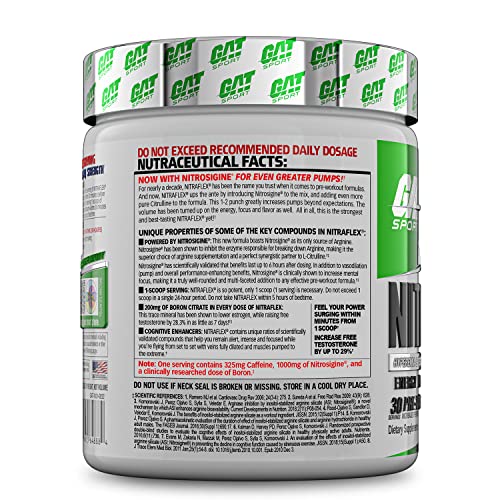 GAT Sport Nitraflex Advanced Pre-Workout Powder, Increases Blood Flow, Boosts Strength and Energy, Improves Exercise Performance, Creatine-Free (Green Apple, 30 Servings)