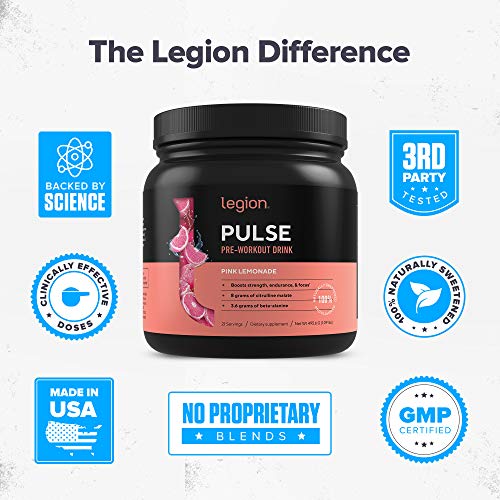 Legion Pulse Pre Workout Supplement - All Natural Nitric Oxide Preworkout Drink to Boost Energy, Creatine Free, Naturally Sweetened, Beta Alanine, Citrulline, Alpha GPC (Pink Lemonade)
