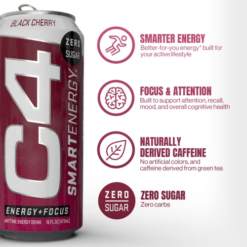 C4 Smart Energy Drink - Sugar Free Performance Fuel & Nootropic Brain Booster, Coffee Substitute or Alternative | Black Cherry 16 Oz - 12 Pack