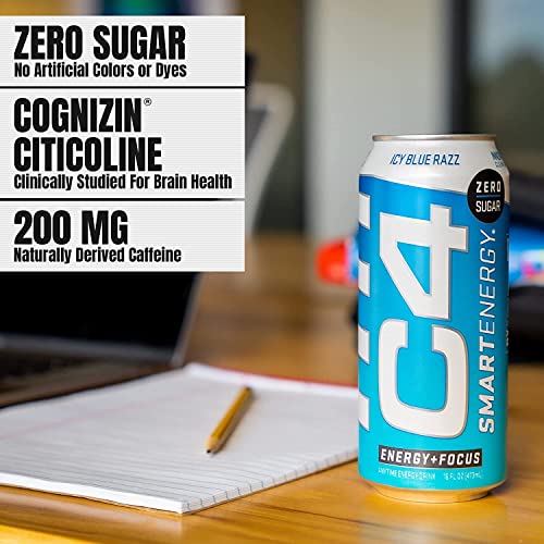 C4 Smart Energy Drink - Sugar Free Performance Fuel & Nootropic Brain Booster, Coffee Substitute or Alternative | Black Cherry 16 Oz - 12 Pack