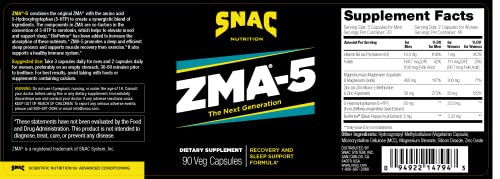 SNAC ZMA-5 Sleep Aid Supplement, Promote Muscle Recovery & Growth, Immune Support, & Restorative Sleep with Zinc, Magnesium & 5-HTP, Post Workout, Before Bed ZMA Supplements 90 Veggie Capsules