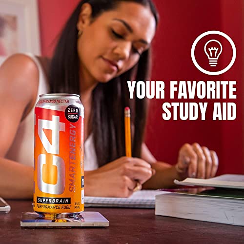 C4 Smart Energy Drink - Sugar Free Performance Fuel & Nootropic Brain Booster, Coffee Substitute or Alternative | Peach Mango Nectar 16 Oz - 12 Pack