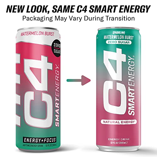 C4 Smart Energy Drink - Sugar Free Performance Fuel & Nootropic Brain Booster, Coffee Substitute or Alternative | Watermelon Burst 12 Oz - 12 Pack