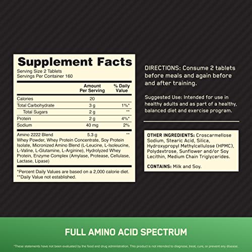 Optimum Nutrition Superior Amino 2222 Tablets, Complete Essential Amino Acids, EAAs, 320 Count