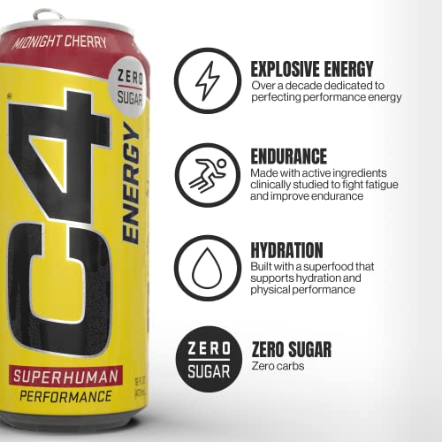 C4 Energy Carbonated Zero Sugar Energy Drink, Pre Workout Drink + Beta Alanine, Midnight Cherry, 16 Fl Oz (Pack of 12)