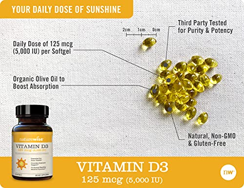 NatureWise Vitamin D3 5000iu (125 mcg) Healthy Muscle Function, and Immune Support, Non-GMO, Gluten Free in Cold-Pressed Olive Oil, Packaging Vary (Mini Softgel), 30 Count