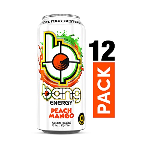 Bang Peach Mango Energy Drink, 0 Calories, Sugar Free with Super Creatine, 16oz, 12 count (Pack of 1) (Package may vary)