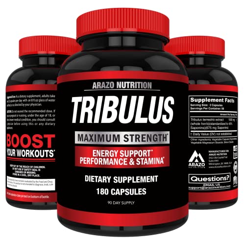 Tribulus Terrestris Extract Powder - Testosterone Booster with Estrogen Blocker - Arazo Nutrition USA - 180 Capsules
