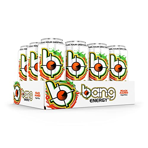 Bang Peach Mango Energy Drink, 0 Calories, Sugar Free with Super Creatine, 16oz, 12 count (Pack of 1) (Package may vary)