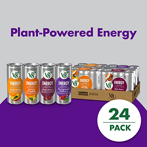 V8 +ENERGY Pomegranate Blueberry, Orange Pineapple, Peach Mango And Black Cherry Energy Drink Variety Pack, Made With Real Vegetable And Fruit Juices, 8 Ounce Can (Pack of 24)