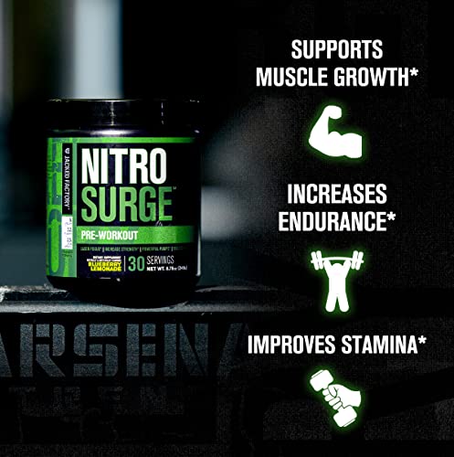 NITROSURGE Pre Workout Supplement - Endless Energy, Instant Strength Gains, Clear Focus, Intense Pumps - Nitric Oxide Booster & Powerful Preworkout Energy Powder - 30 Servings, Fruit Punch