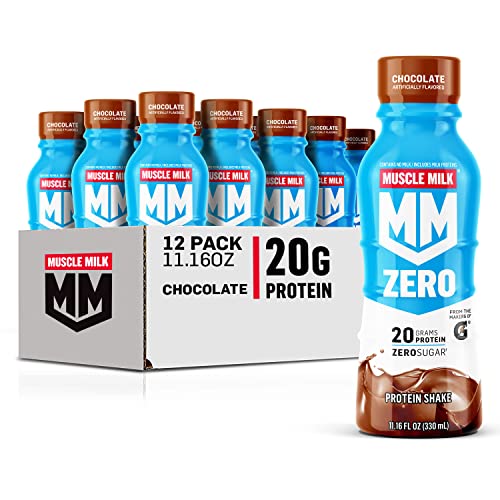 Muscle Milk Zero Protein Shake, Chocolate, 11.2 Fl Oz (Pack of 12), 20g Protein, Zero Sugar, 100 Calories, Calcium, Vitamins A, C & D, 4g Fiber, Energizing Snack, Workout Recovery, Packaging May Vary
