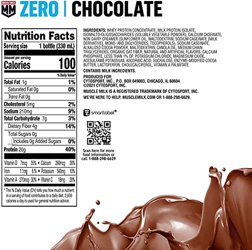 Muscle Milk Zero Protein Shake, Chocolate, 11.2 Fl Oz (Pack of 12), 20g Protein, Zero Sugar, 100 Calories, Calcium, Vitamins A, C & D, 4g Fiber, Energizing Snack, Workout Recovery, Packaging May Vary