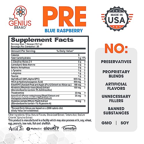 Genius Pre Workout Powder, Blue Raspberry - All-Natural Nootropic Pre-workout & Caffeine-Free Nitric Oxide Booster Supplement with Beta Alanine & Alpha GPC - No Artificial Flavors, Sweeteners, or Dyes