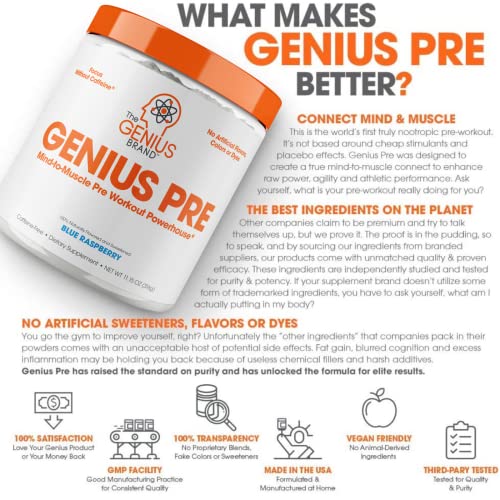 Genius Pre Workout Powder, Blue Raspberry - All-Natural Nootropic Pre-workout & Caffeine-Free Nitric Oxide Booster Supplement with Beta Alanine & Alpha GPC - No Artificial Flavors, Sweeteners, or Dyes