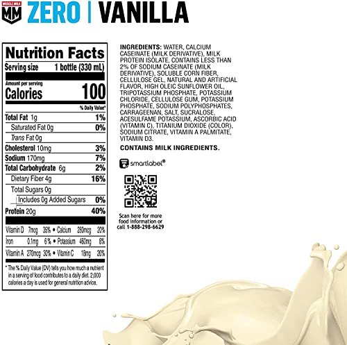 Muscle Milk Zero Protein Shake, Vanilla CrÃ¨me, 20g Protein, Zero Sugar, 100 Calories, Calcium, Vitamins A, C & D, 4g Fiber, Energizing Snack, Workout Recovery, Packaging May Vary 11.16 Fl Oz (Pack of 12)