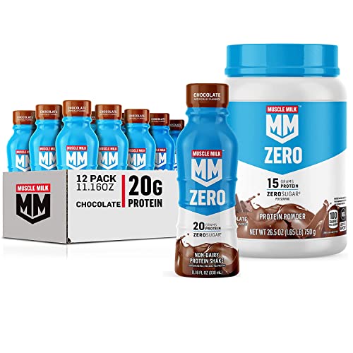 Muscle Mik ZERO Shake, Chocolate, 11.16 Fl Oz Bottles (Pack of 12) + Muscle Milk Zero, 100 Calorie Protein Powder, Chocolate, 15g Protein, 1.65 Pound, 25 Servings