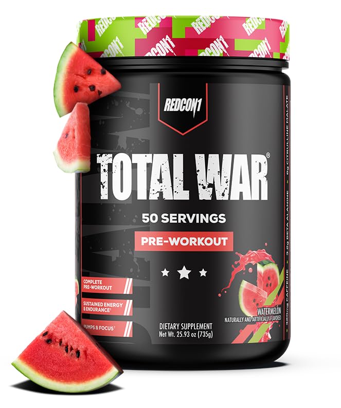 REDCON1 Total War Pre Workout Powder - Caffeinated Energy Powder with Beta Alanine for Enhanced Muscular Endurance - Fast Acting Preworkout with L Citrulline, Watermelon (50 Servings)