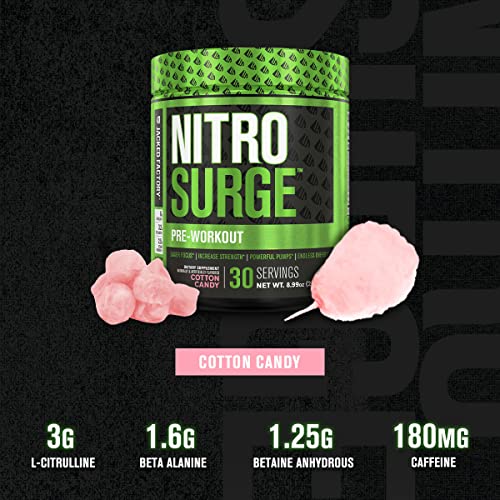 NITROSURGE Pre Workout Supplement - Endless Energy, Instant Strength Gains, Clear Focus, Intense Pumps - Nitric Oxide Booster & Powerful Preworkout Energy Powder - 30 Servings, Cotton Candy
