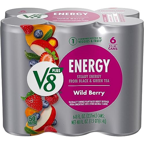 V8 +ENERGY Wild Berry Flavored Energy Drink, Made with Real Vegetable and Fruit Juices, 8 FL OZ Can (4 Packs of 6 Cans)
