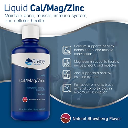 Trace Minerals | Liquid Cal/Mag/Zinc | Calcium, Magnesium, Zinc, Vitamin D3 | Dietary Supplement Supports Tissue, Muscle, and Bone Density | Natural Strawberry Flavor | 64 Servings, 32 fl oz.
